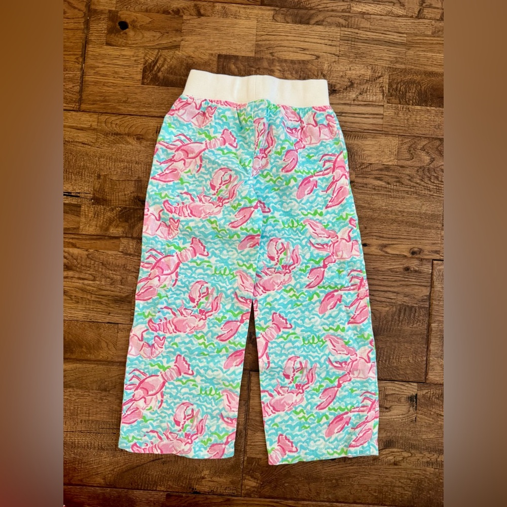 Lilly Pulitzer Little Beach Pants Lobster Roll Spa Blue Linen Girls Size S 4 5 D - Picture 3 of 6